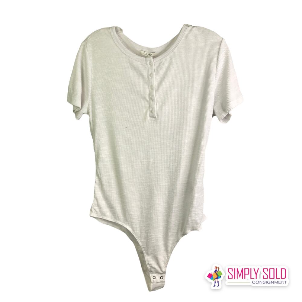 Z Supply Women's Sz L Henley Rib‎ Bodysuit Thong Short Sleeve White Cotton NWT